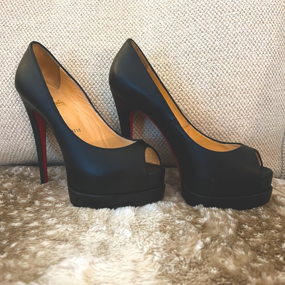 Christian Louboutin Black Matte Leather Lady Peep Pumps